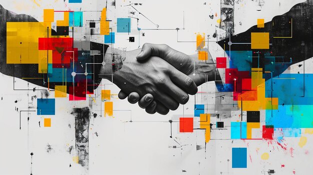 Foto collaborazione digitale nel marketing stretta di mano con elementi astratti