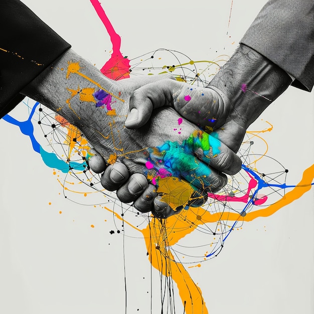 Цифровое сотрудничество в маркетинговом рукопожатии с абстрактными элементами