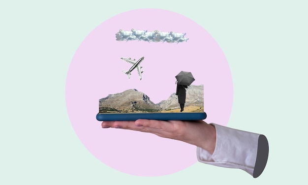 Photo a digital collage of contemporary art a hand holding a phone with mountains and a girl with