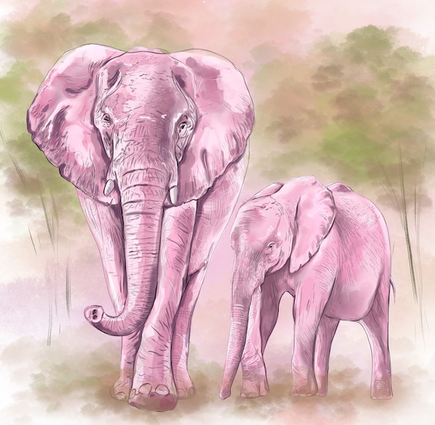 Digital color illustration watercolor drawing family of lilac elephants