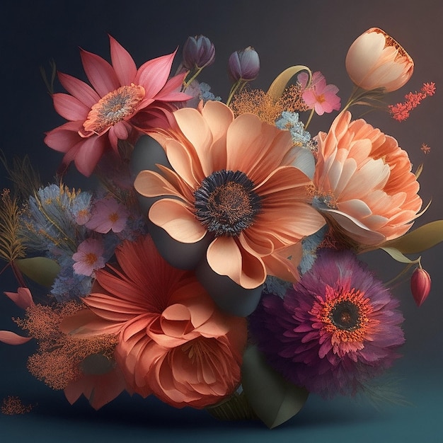 Цифровой красочный букет цветов, векторный набор цветов, цветочное искусство, 3D цветочное искусство, цветы