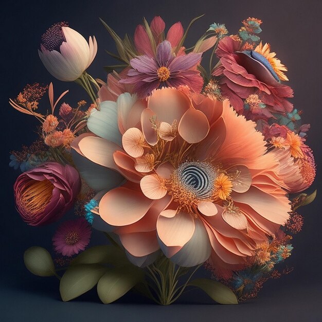 Digital Colorful Flowers Bouquet vector Flower Set Floral Art 3D Floral Art Flowers