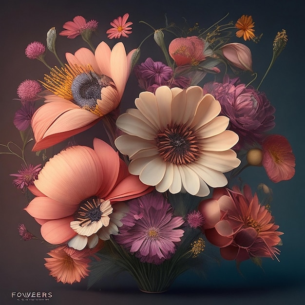 Photo digital colorful flowers bouquet vector flower set floral art 3d floral art flowers