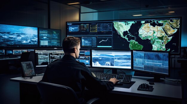 Digital command center with cyber strategist emphasizing cybersecurity tactics