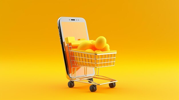 Digital commerce online shopping concept with mobile phone basket and fruits with yellow background