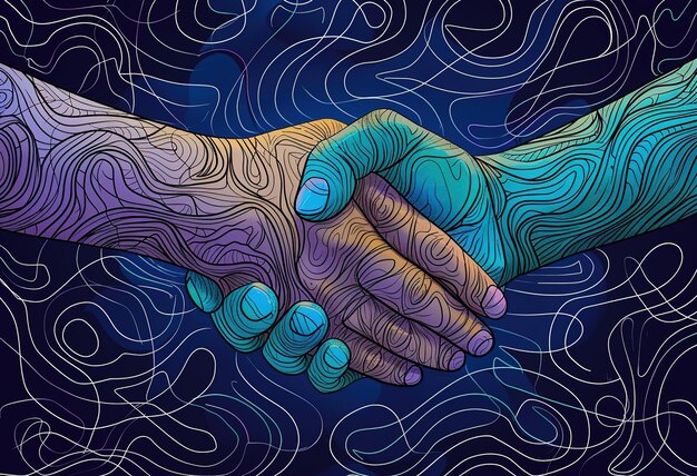 Photo digital communication conceptual illustration of two hands shaking hands formed by glowing