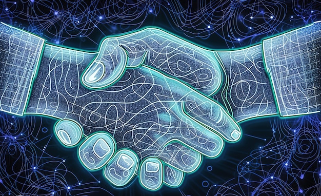 Digital communication conceptual illustration of two hands shaking hands formed by glowing