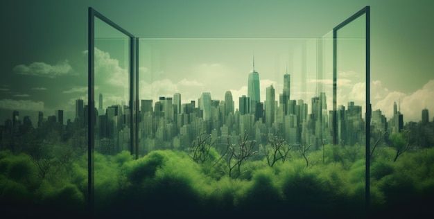 Цифровая композиция трехмерного городского пейзажа с открытой дверью в зеленом лесу Генерирующая иллюстрация ИИ