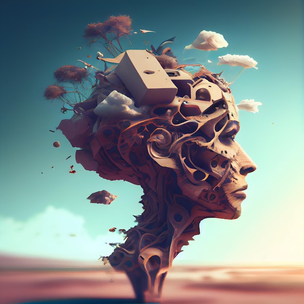 Photo digital composite of 3d human head in surreal style against blue sky