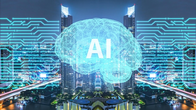Digital composite of artificial intelligence on illuminated buildings in city at night