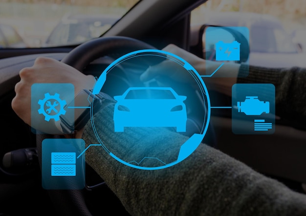 Foto composito digitale dell'interfaccia dell'auto contro la persona nell'auto