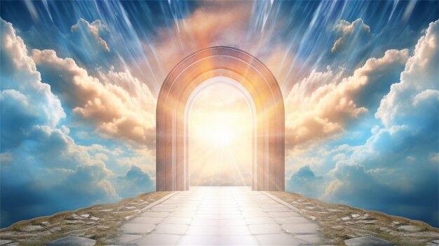 Photo digital composite of entrance door to sky with clouds and sun flare