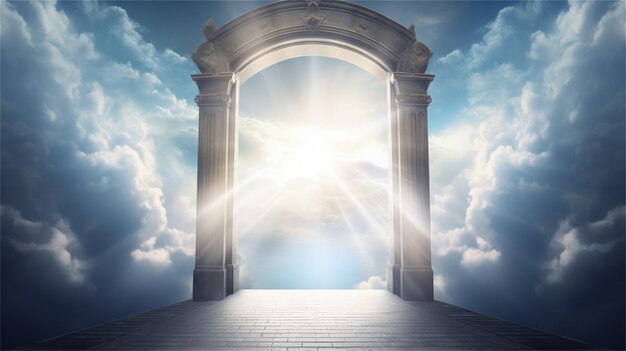 Photo digital composite of entrance door to sky with clouds and sun flare