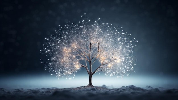 Digital composite of glowing tree in winter forest with lights and snowflakes