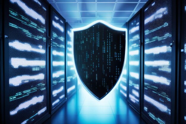 digital composite of hacker with shield and binary code digital composite of hacker with shield