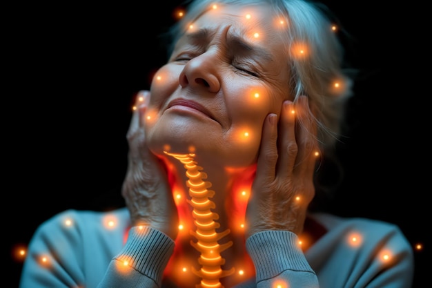 Digital composite of Highlighted spine of adult woman with neck pain