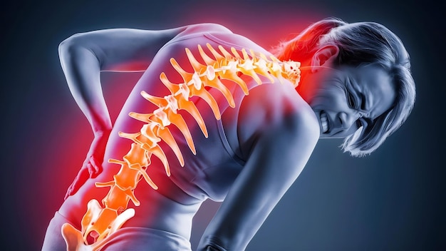 허리 통증 을 고 있는 여자 의 척추 를 강조 한 디지털 복합 사진