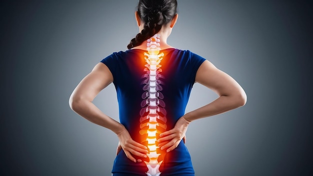 Digital composite of highlighted spine of woman with back pain