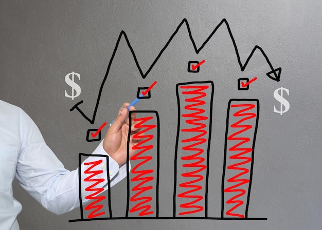 Photo digital composite image of businessman analyzing graph against gray background