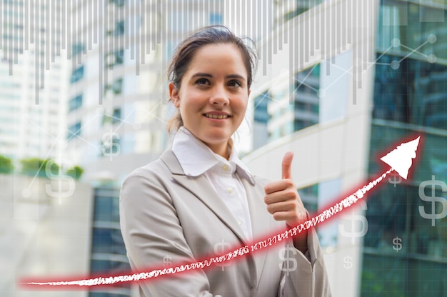 Photo digital composite image of businesswoman with arrow symbol and dollar sign standing in city