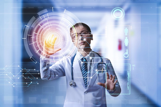 Digital composite image of doctor touching illuminated screen