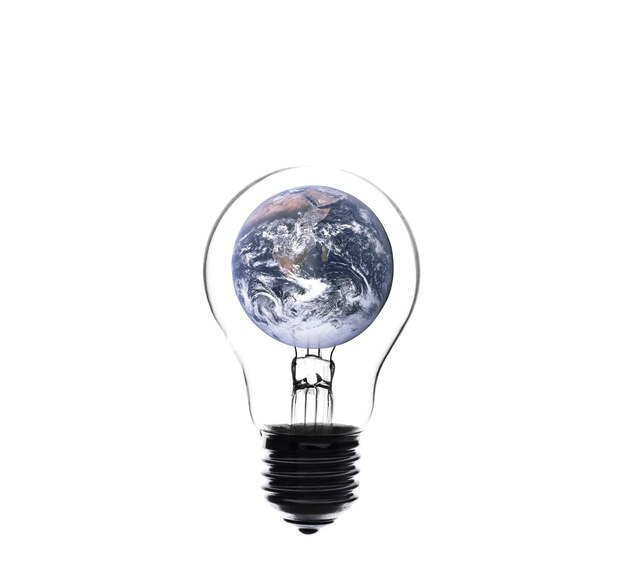 Digital composite image of earth in light bulb against white background