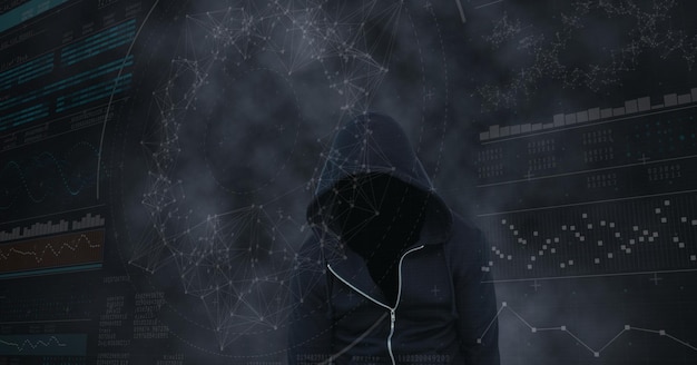 Digital composite image of hacker with screen