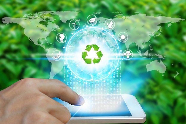 Digital composite image of hand touching plant