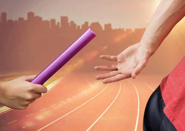 Photo digital composite image of hands passing the baton