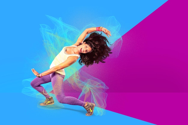 Photo digital composite image of happy woman dancing against colored background