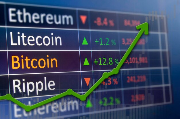 Digital composite image of line graph and stock market data