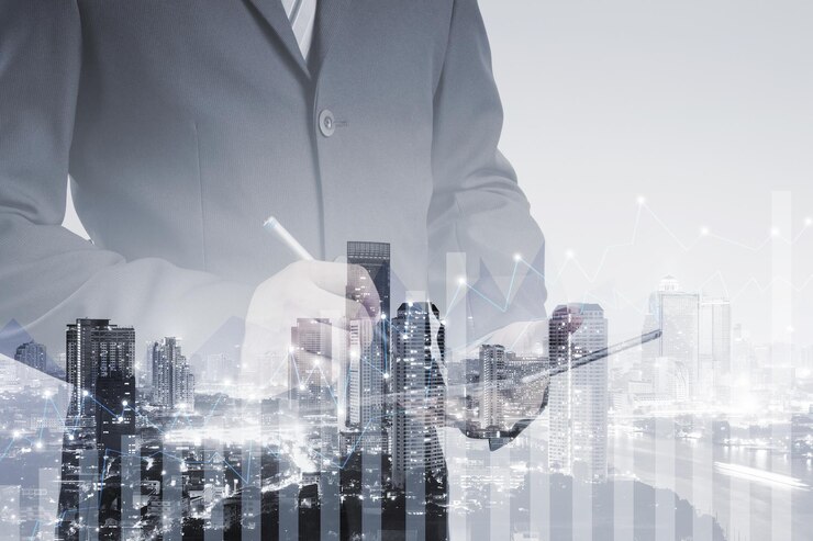 Photo digital composite image of man and modern buildings in city