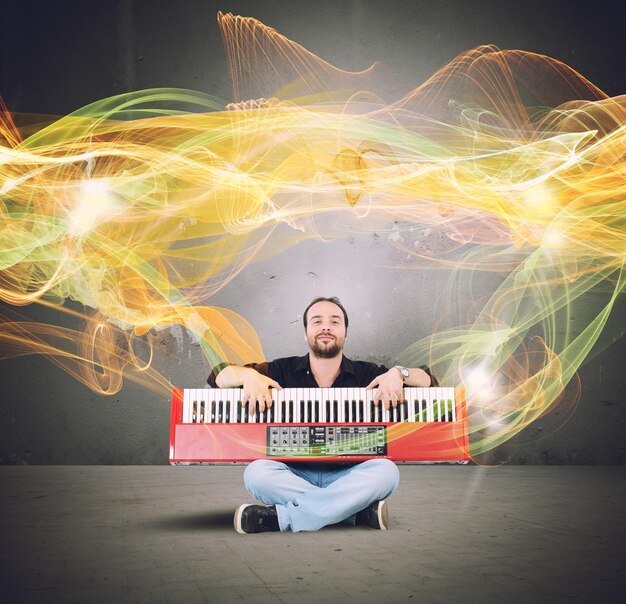 Photo digital composite image of man sitting against black background