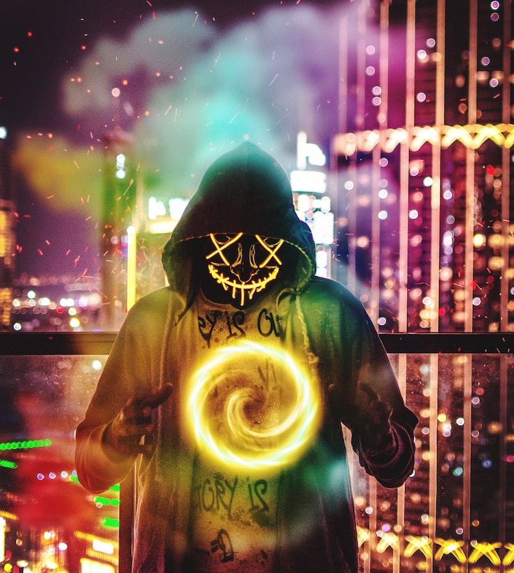 Photo digital composite image of man standing against illuminated buildings in city at night
