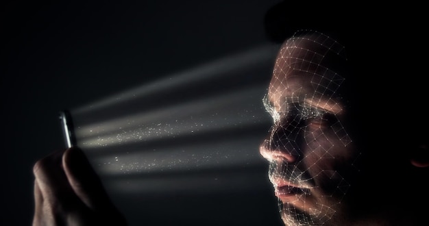 digital composite image of man using mobile phone against gray background