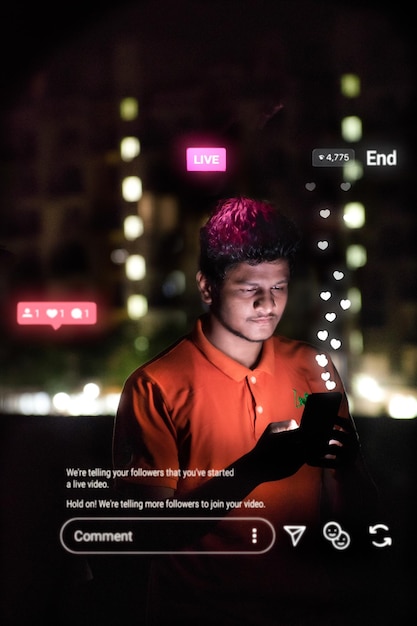 Photo digital composite image of man using phone with icons at night