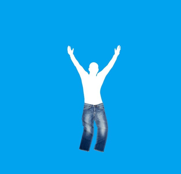 Photo digital composite image of man with arms raised against blue background