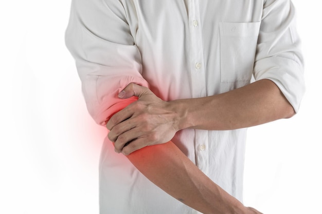 Digital composite image of man with hand pain against white background