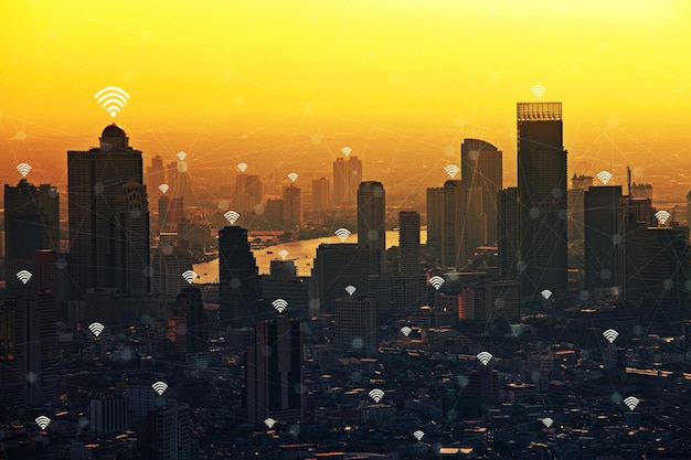 digital composite image of modern buildings in city against sky