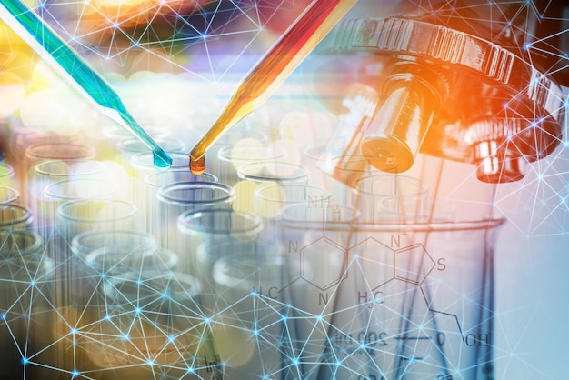 Digital composite image of molecular structure with test tubes