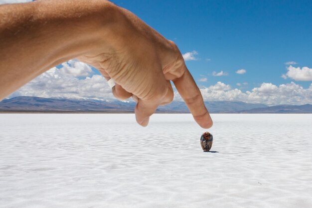 Фото Цифровое композитное изображение обрезной руки, касающейся человека на соляной равнине