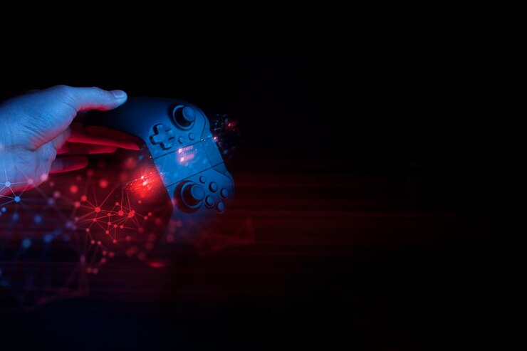 Photo digital composite image of person holding video game remote control in darkroom