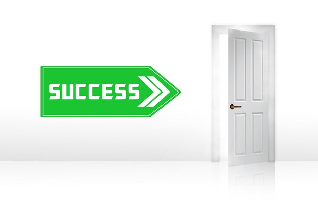 Photo digital composite image of success text by open door against white background