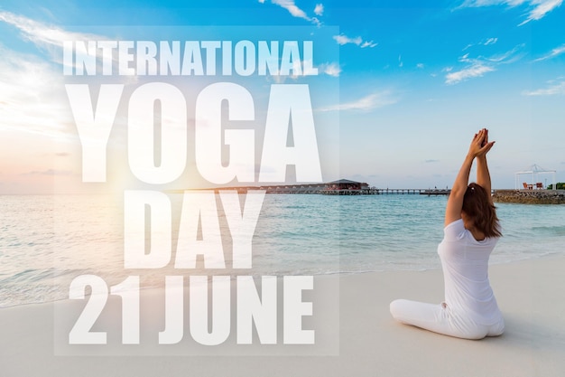 Photo digital composite image of text by woman doing yoga at beach