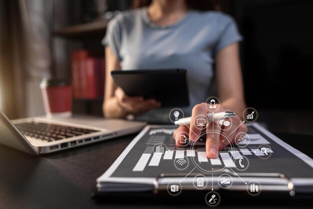 Photo digital composite image of woman analyzing report showing icons at home