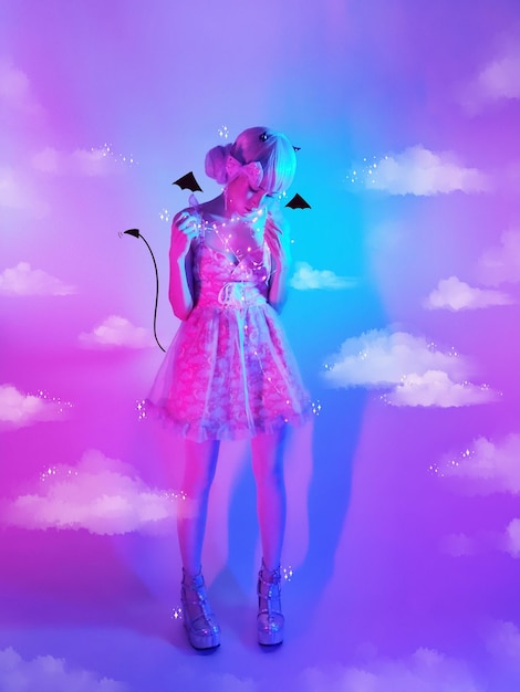 digital composite image of woman standing against clouds