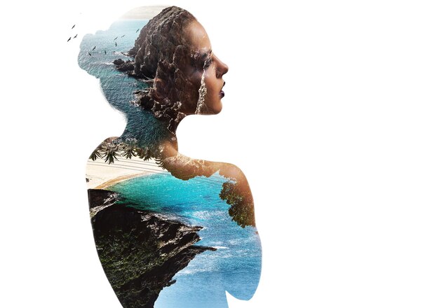 Photo digital composite image of young woman and sea against clear sky