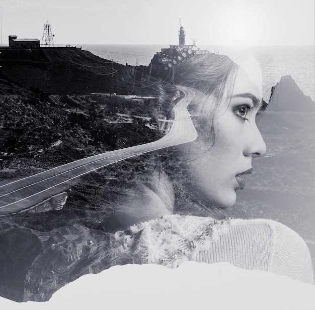 Digital composite image of young woman with road on mountain by sea against sky