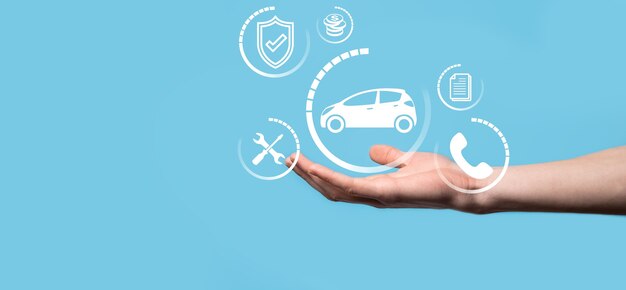 Digital composite of Man holding car icon.Car automobile insurance and car services concept. Businessman with offering gesture and icon of car