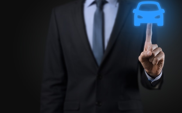 Digital composite of Man holding car icon.Car automobile insurance and car services